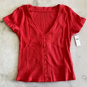 Anthropologie Mika ribbed short sleeve Henley button down tshirt large red